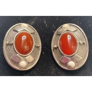 Statement Earrings Clip-On Silver Tone Large Oval Faux Amber Stone Western Wear
